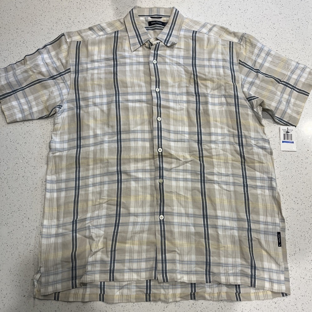 NWT Nautica Men's XL Sandy Bar Classic-Fit Plaid Linen Blend Camp‎ Shirt